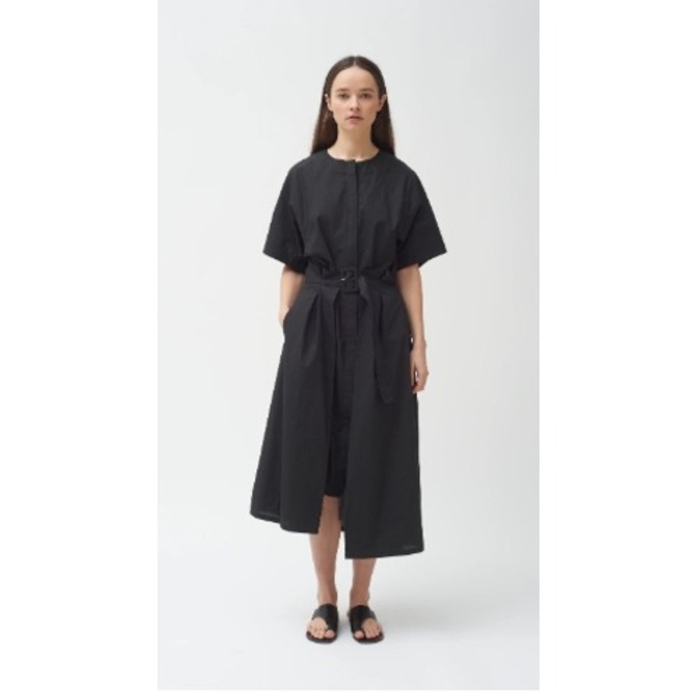 Colovos Placket Belted Shirt Dress Womens 2 Black Cotton Asymmetric Midi